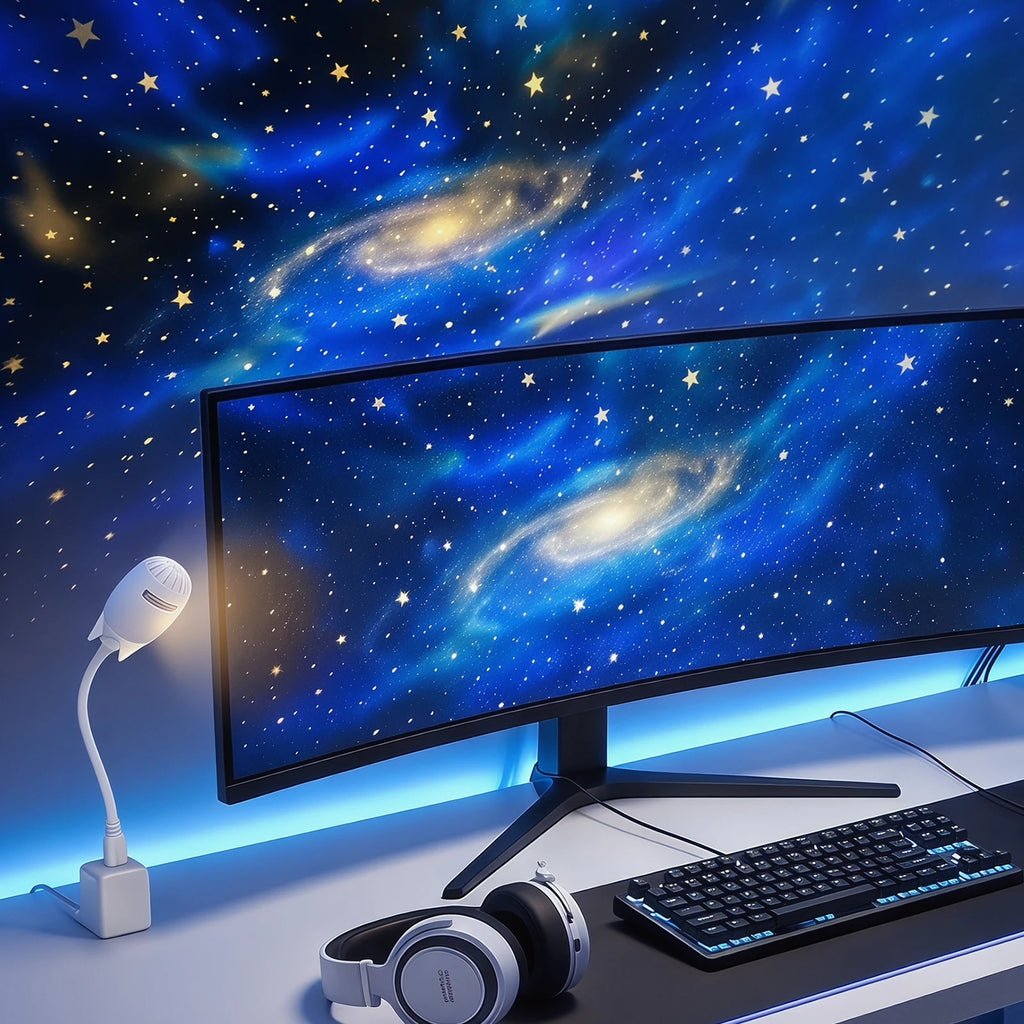 Luz Ambiental USB Portátil 360 °   Proyector de Atmósfera Ajustable, Lámpara de Proyección de Estrellas con Intensidad Regulable para Dormitorio y Mesita de Noche