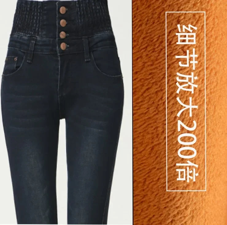 Pantalones Vaqueros Cálidos de Lana para Mujer, Cintura Alta con Forro de Terciopelo