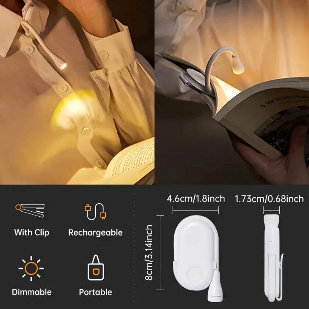 Lámpara LED portátil para libros, luz nocturna recargable por USB para protección ocular, Mini 360 ° Lámpara de lectura de escritorio con clip Luz nocturna de dormitorio de viaje
