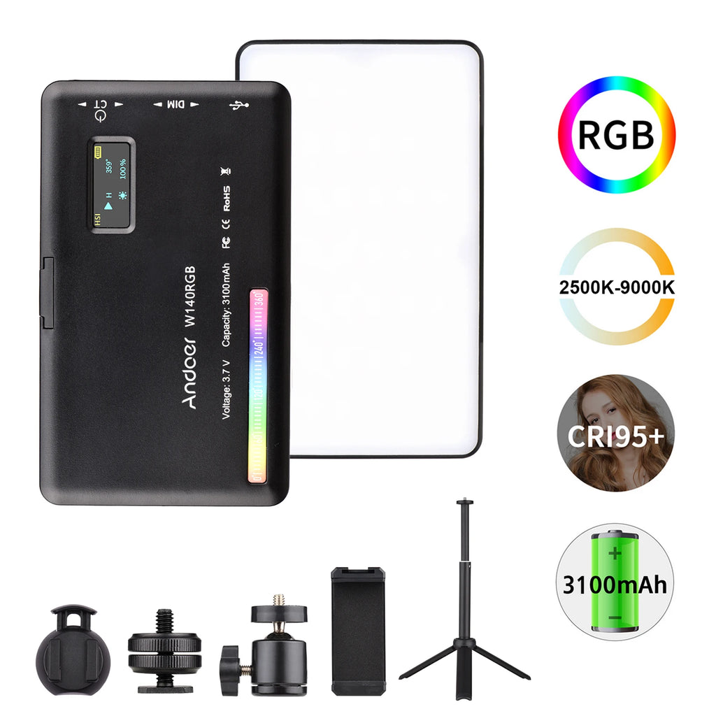 Andoer-Kit de luz LED W140 RGB para vídeo, iluminación de videoconferencia de bolsillo con trípode de escritorio para Vlog, transmisión en vivo, reunión en línea