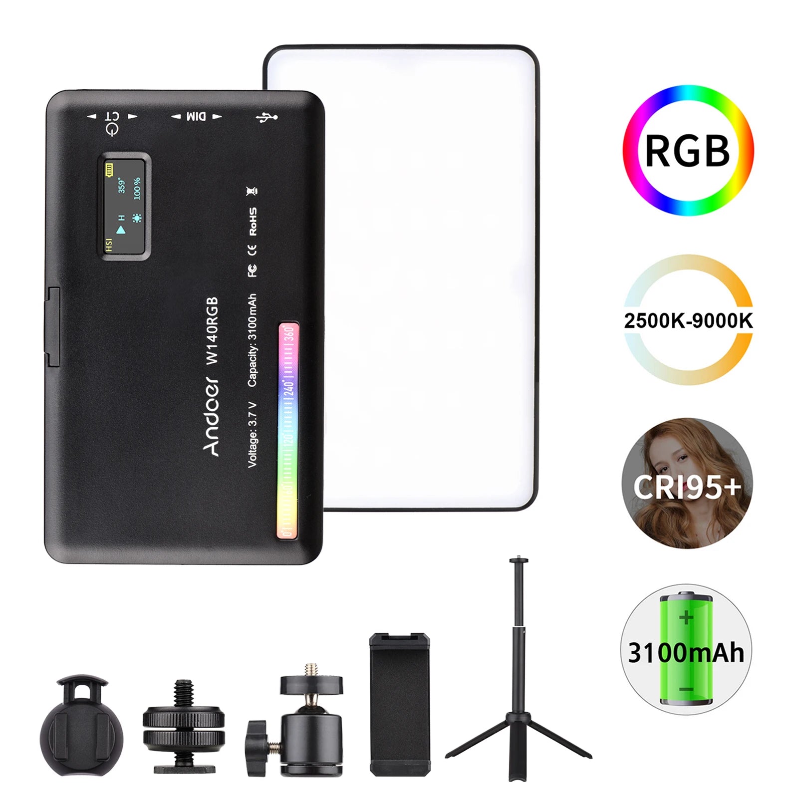 Andoer-Kit de luz LED W140 RGB para vídeo, iluminación de videoconferencia de bolsillo con trípode de escritorio para Vlog, transmisión en vivo, reunión en línea