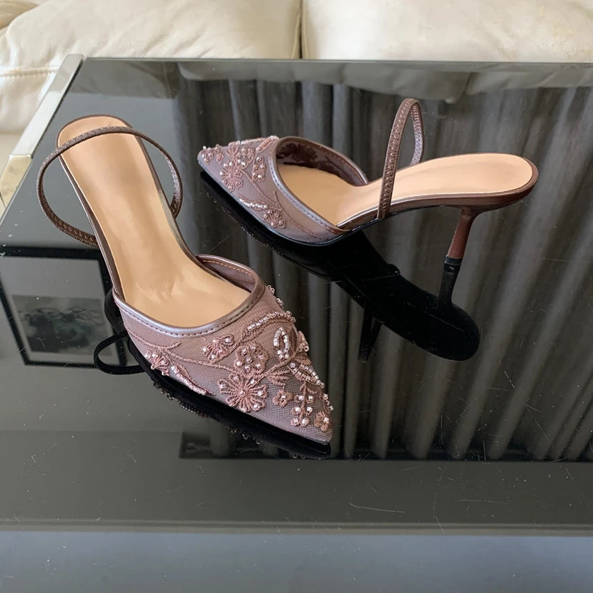 Sandalias de Tacón Alto con Malla Bordada y Cuentas para Mujer