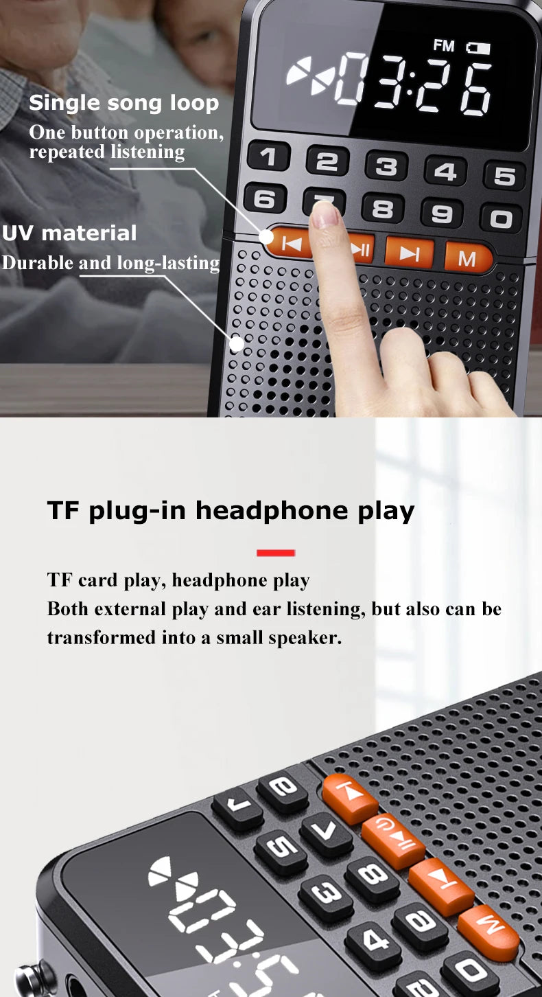 Mini Radio FM portátil Bluetooth 5.0 con tarjeta TF y linterna LED