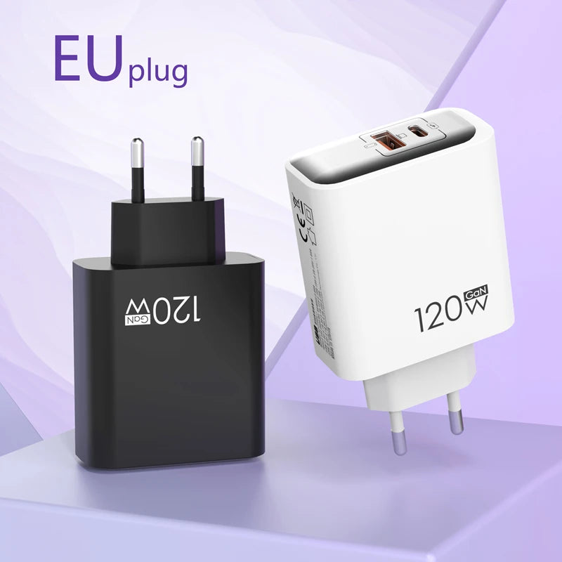 Cargador GaN 120W A+C EU/US/UK con Carga Rápida para Móviles