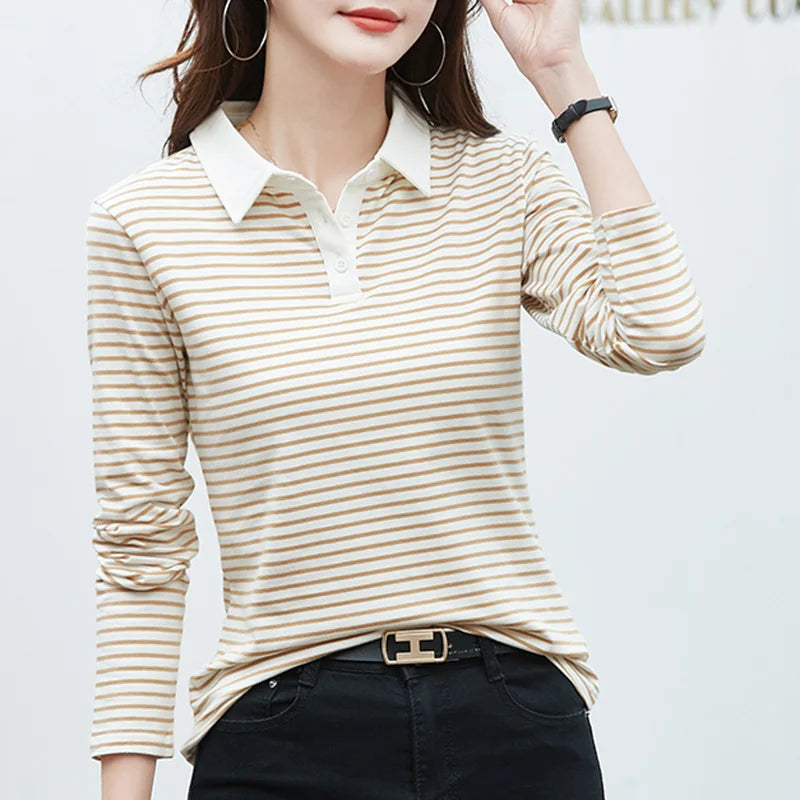 Polo de Manga Larga a Rayas de Estilo Coreano