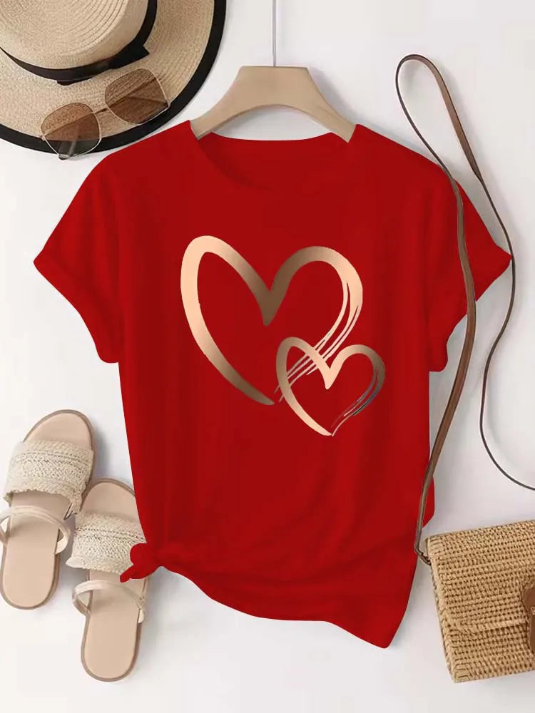 Camiseta con Estampado de Corazón para Mujer, Manga Corta