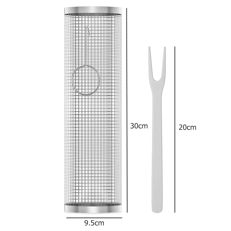 Tubo de red para barbacoa, cesta rodante portátil para asar, cesta cilíndrica de malla de alambre de acero inoxidable para barbacoa al aire libre, Camping JT462