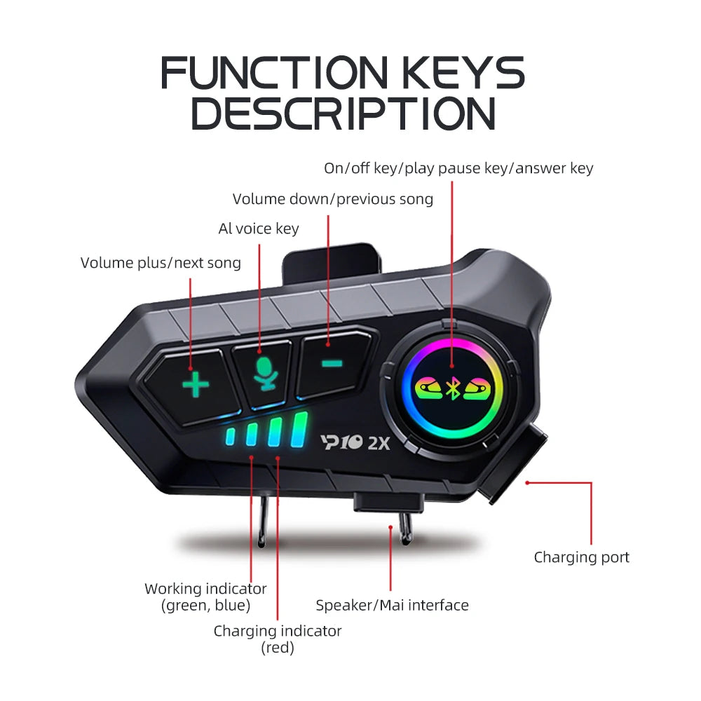 Kebidumei YP10 2X inalámbrico Bluetooth 5,3 motocicleta casco intercomunicador auriculares impermeable 300 m Intercomunicador altavoz auricular