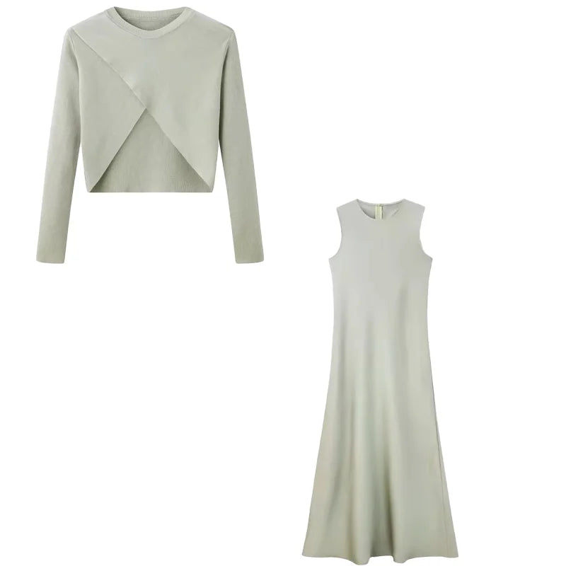 2025 verano mujer moda vestido largo elegancia vestido de satén tejido Top Match Set Maxi hasta el suelo mujer Casual Chic ropa