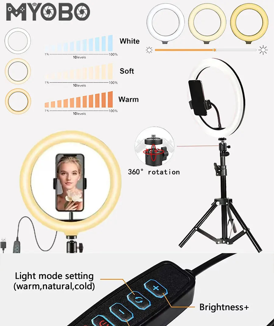 Lámpara de Belleza MYOBO de 10 Pulgadas y Kit de Trípode Plegable de 55 cm, Anillo de Luz LED Regulable para Fotografía/Vlogging/Transmisión en Vivo/Maquillaje/YouTube
