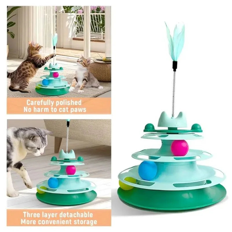 Torre de juguete interactiva para gatos, plato giratorio para gatitos, bolas con rodillo, juguetes con plumas, suministros de entrenamiento para mascotas, juguete para torre para gatos