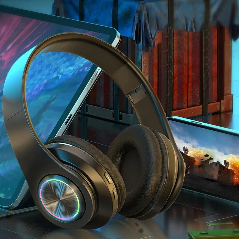 Auriculares inalámbricos sobre la oreja: cancelación activa de ruido, graves profundos, luz LED, diseño plegable portátil para música, deportes y juegos