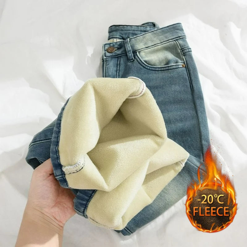 Pantalones Vaqueros Vintage con Forro Polar de Pierna Recta