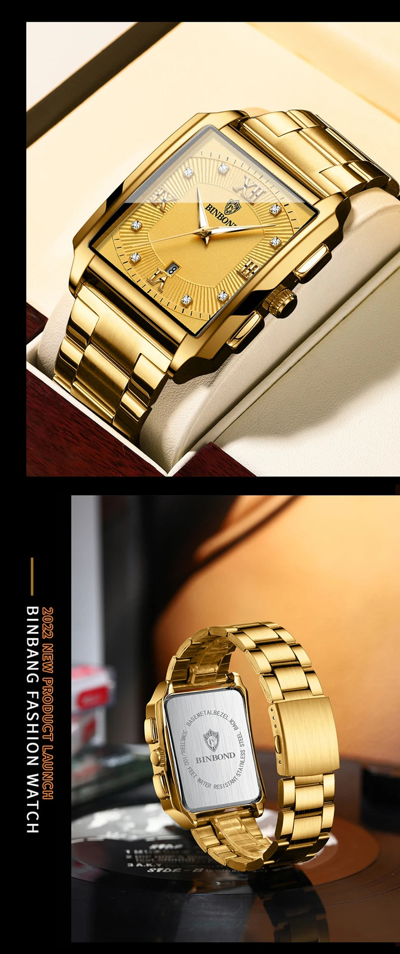 Reloj de Cuarzo Analógico de Lujo BINBOND para Hombre Esfera Cuadrada