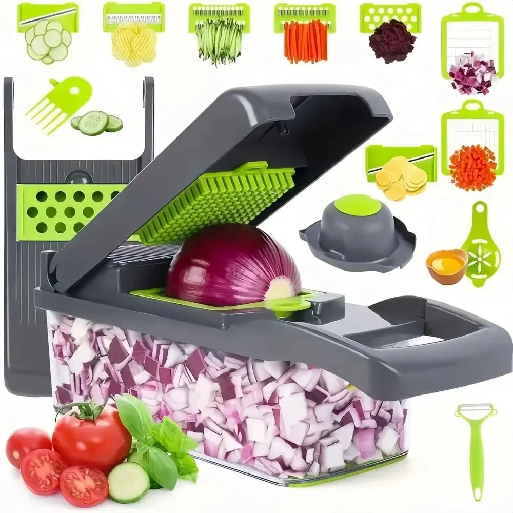 Picadora de verduras multifuncional con mango, rejilla de alimentos, picadora de alimentos, rebanador de verduras, corte 14/16 en 1, artículos de Cocina