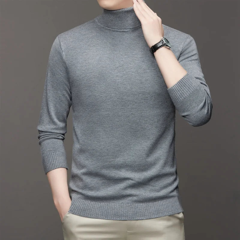 2025 nuevos suéteres de punto para hombre, jerseys transpirables de cuello alto de Color sólido, ropa de calle básica cálida para exteriores, Tops de negocios de otoño