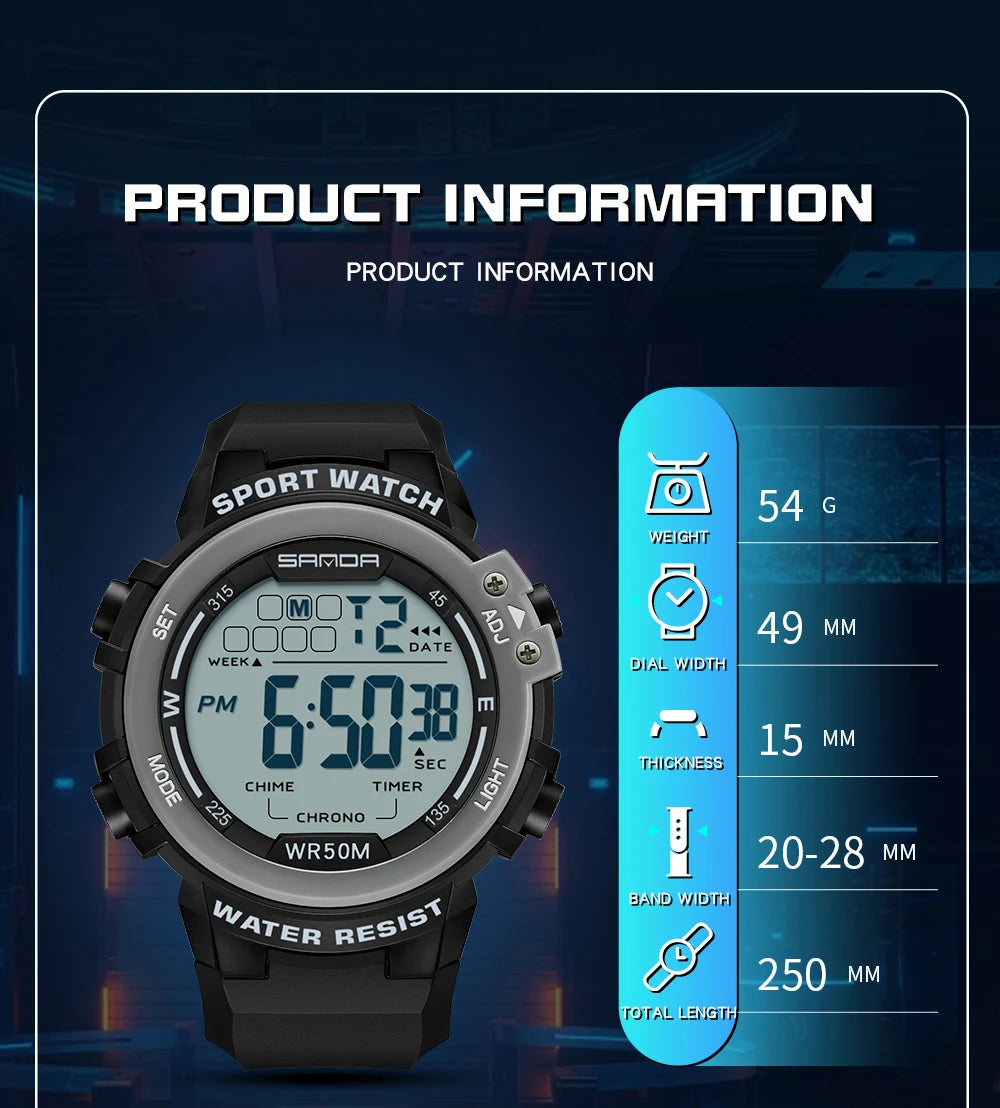 Reloj Digital SANDA 2140 Chrono para Hombre, 5 Bar Multifunción Deportivo