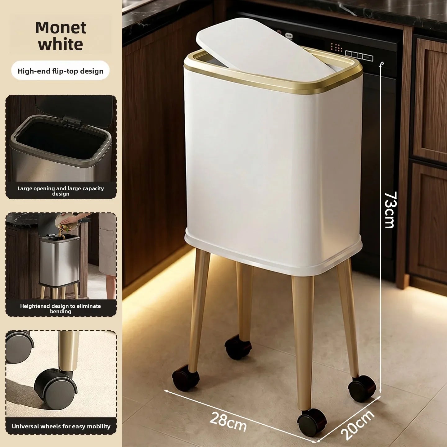 Cubo de basura rodante de acero inoxidable con tapa, 15 litros