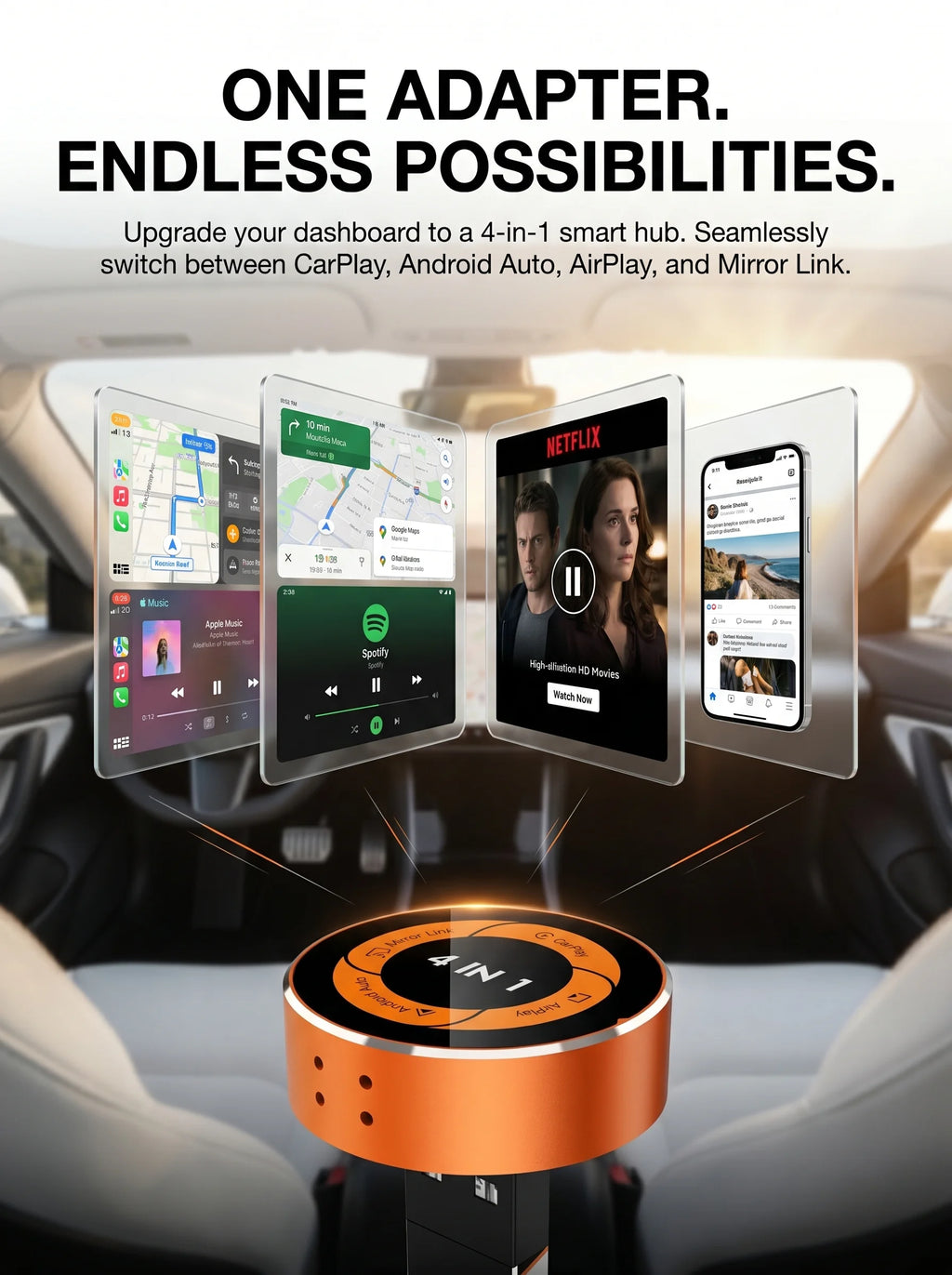 Adaptador inalámbrico 4 en 1 para Apple CarPlay, Android Auto, AirPlay y MirrorLink con funciones de duplicación de pantalla.