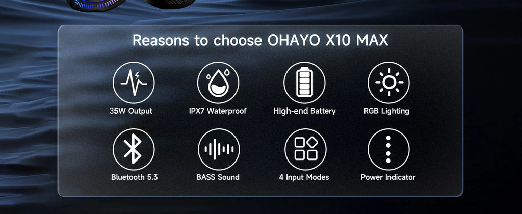Ortizan OHAYO-X10Max Altavoces portátiles Bluetooth para exteriores con graves perforados, sonido de 360 grados, resistente al agua IPX7, luces deslumbrantes