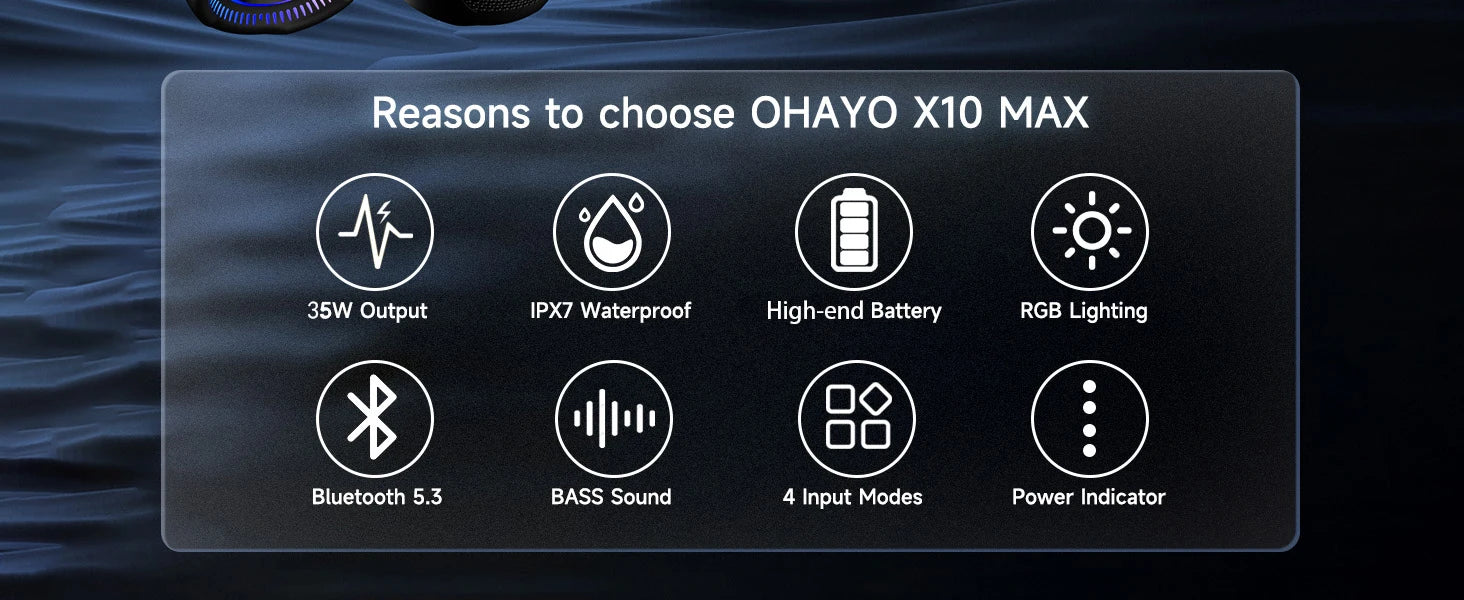 Ohayo Altavoces Bluetooth portátiles para acampar con sonido fuerte de 35 W, resistente al agua IPX7, luces LED