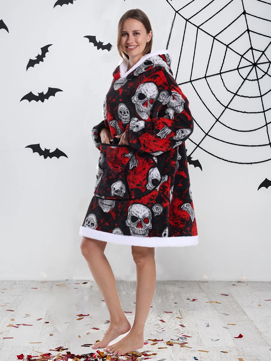 Sudaderas con capucha para mujer, Top de manga larga esponjoso y cálido en negro y gris, sudadera con capucha de fantasma y calavera de calabaza para Halloween, manta de gran tamaño para adultos, ropa de invierno