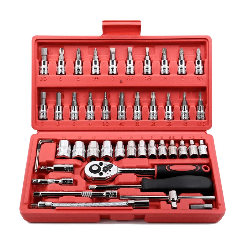FOCSE Juego de llaves de trinquete con casquillo de accionamiento de 46 piezas de 1/4 pulgadas, con juego de casquillos, barra métrica y de extensión para reparación de automóviles