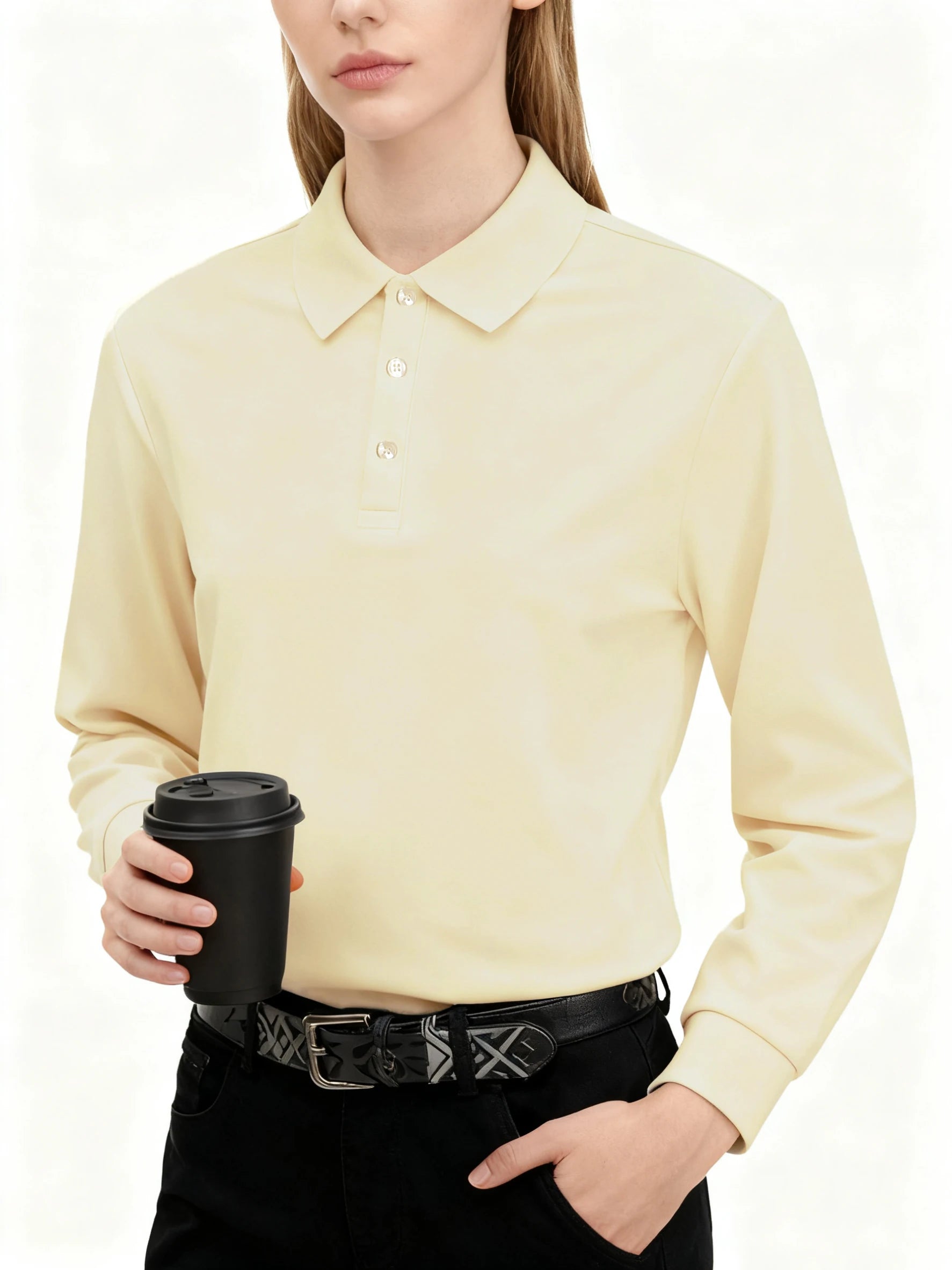 Polo de Manga Larga Ajustado para Mujer, Cuello con Solapa
