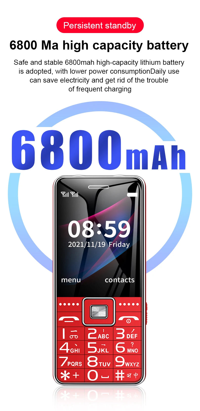 Teléfono GSM 2G BAR G600, tarjeta SIM Dual, batería de 6800mAh, tecla grande SOS, pantalla de 2,4 pulgadas, teléfono móvil para ancianos y mujeres, reccodificador de MP3