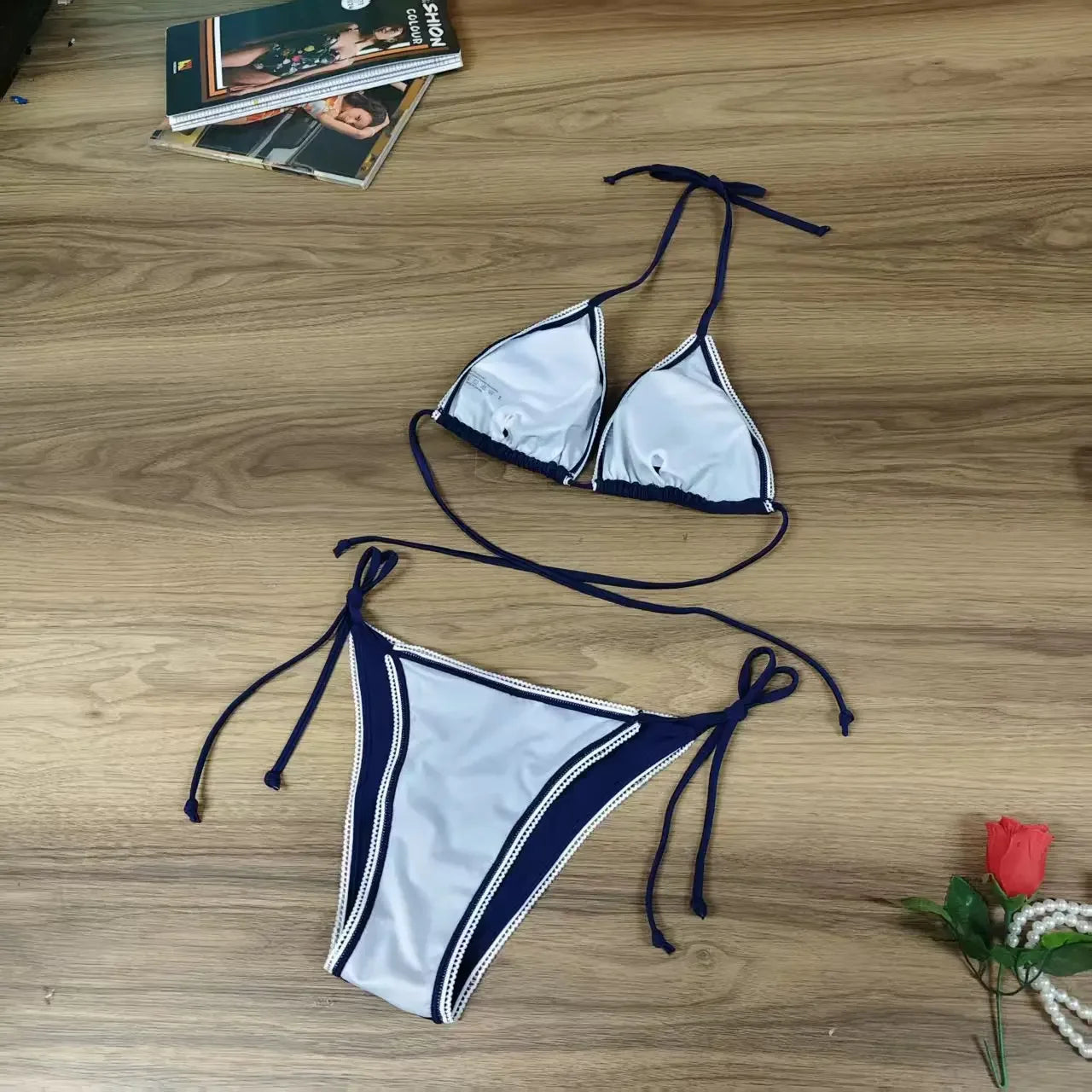 Conjunto de Bikini de 2 Piezas para Mujer, Sexy, de Color Sólido, sin Tirantes, con Tanga y Lazos en la Espalda, Traje de Baño con Encaje Blanco, Simple, para Verano