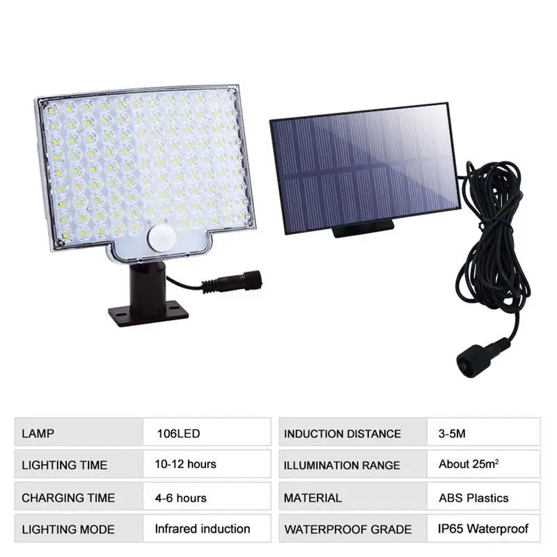 Lámpara Solar Dividida 106 LED con Sensor de Movimiento, 3 Modos IP65