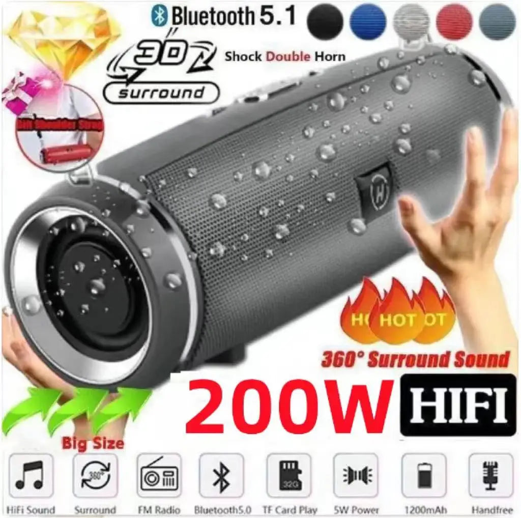 Altavoz Bluetooth Portátil 200W para Exteriores, HIFI Subwoofer
