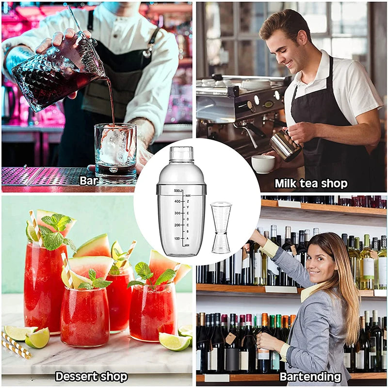 LMETJMA-Juego de coctelera de plástico, mezclador de bebidas con marcador, coctelera transparente y Jigger de medición, taza de onza JT25