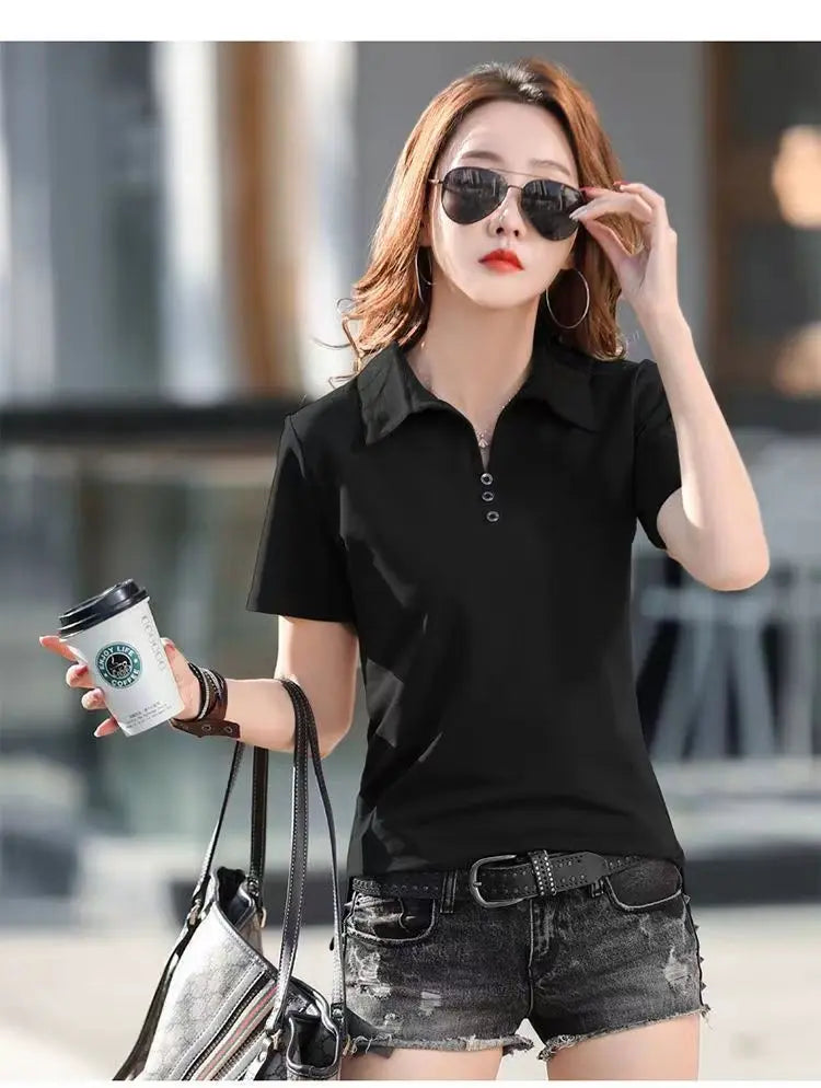 Camiseta Polo Femenina Estilo Coreano de Primavera