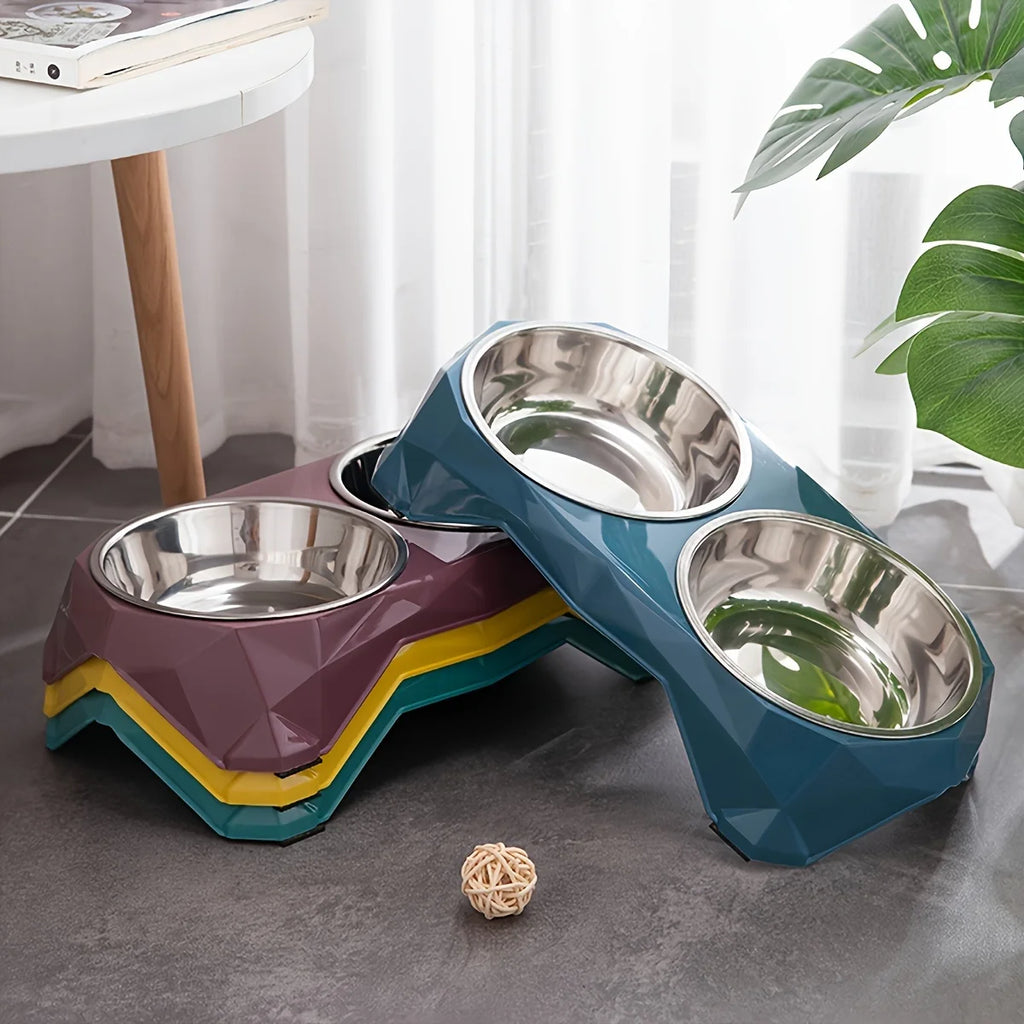 Cuenco doble de acero inoxidable para mascotas, cuenco de comida de gran capacidad con patrón de diamante mejorado para perros y gatos, cuencos alimentadores de agua antideslizantes para mascotas