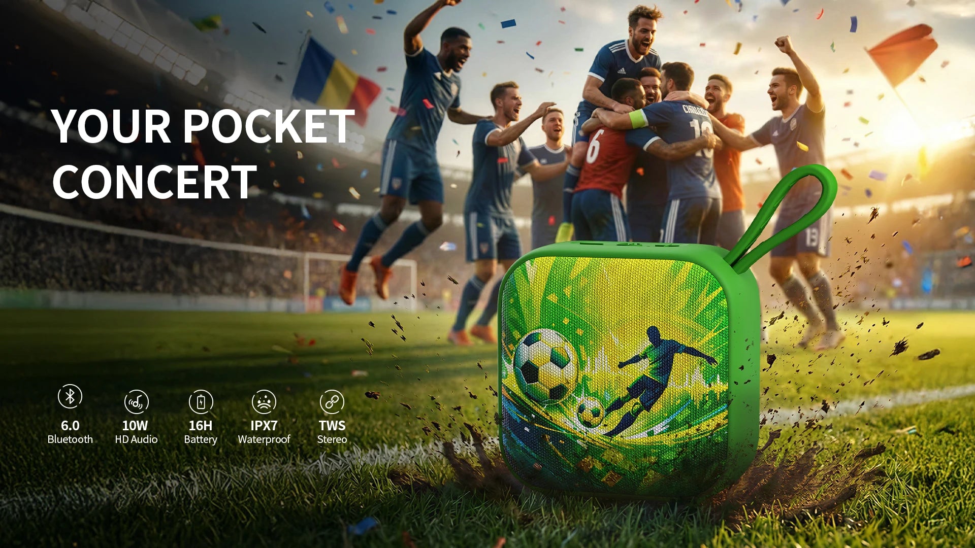 Altavoz portátil Bluetooth 6,0 Mlove R10 con diseño de fútbol para la Copa Mundial FIFA, IP67, resistente al agua y al polvo, altavoz inalámbrico para exteriores