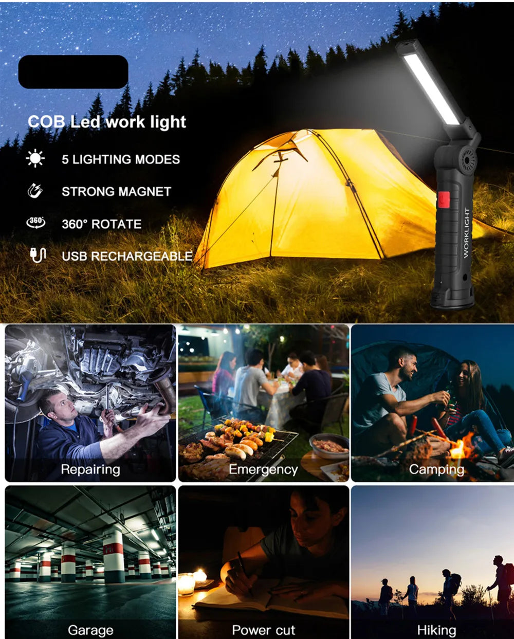 Linterna LED recargable para acampar, luz de trabajo con imán y gancho IP64, resistente al agua, 5 modos de iluminación, adecuada para trabajo nocturno