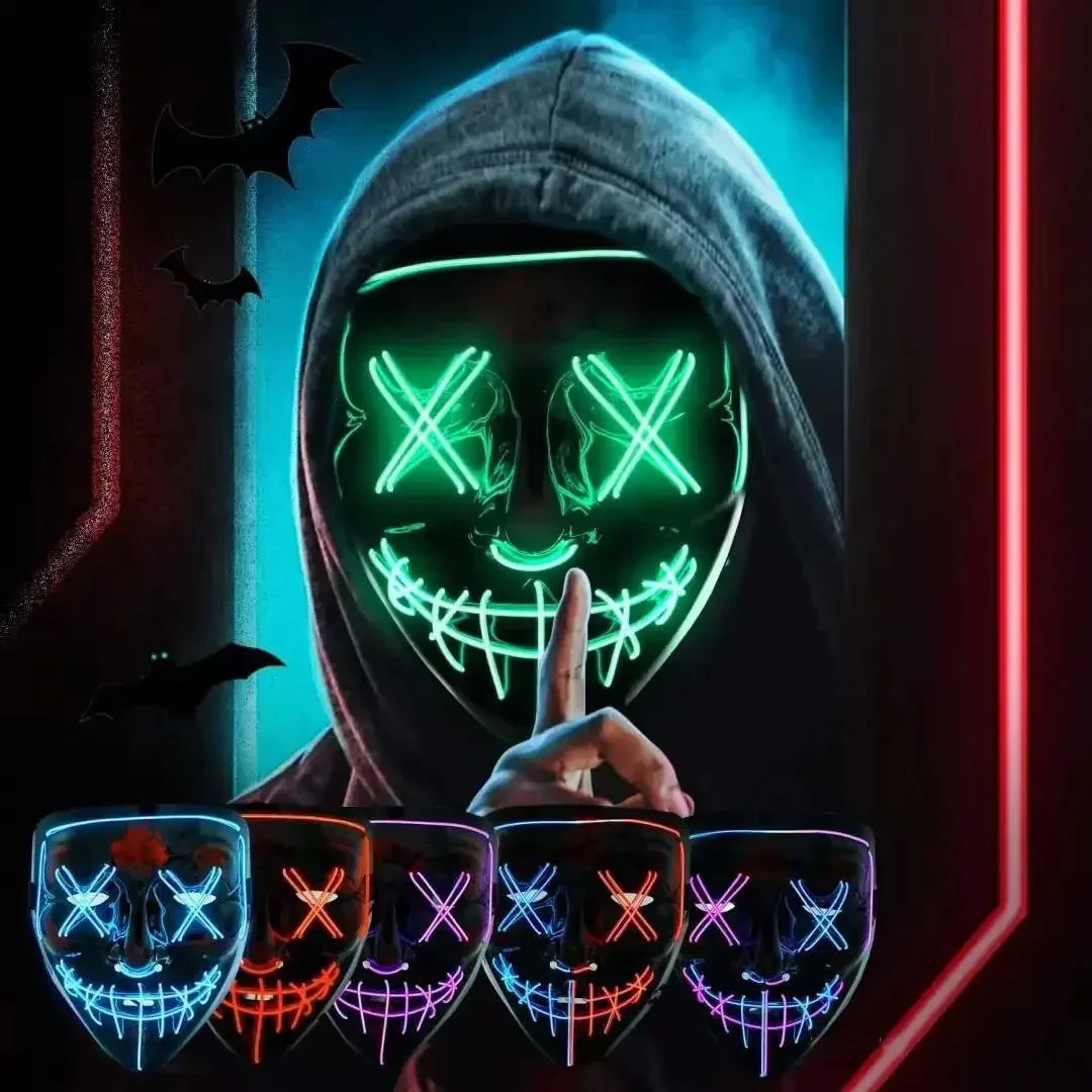 Cosplay disfraz de Halloween luz LED máscara de miedo máscara de Halloween cara para hombre niños Techwear máscara de encaje máscara facial decoración de fiesta