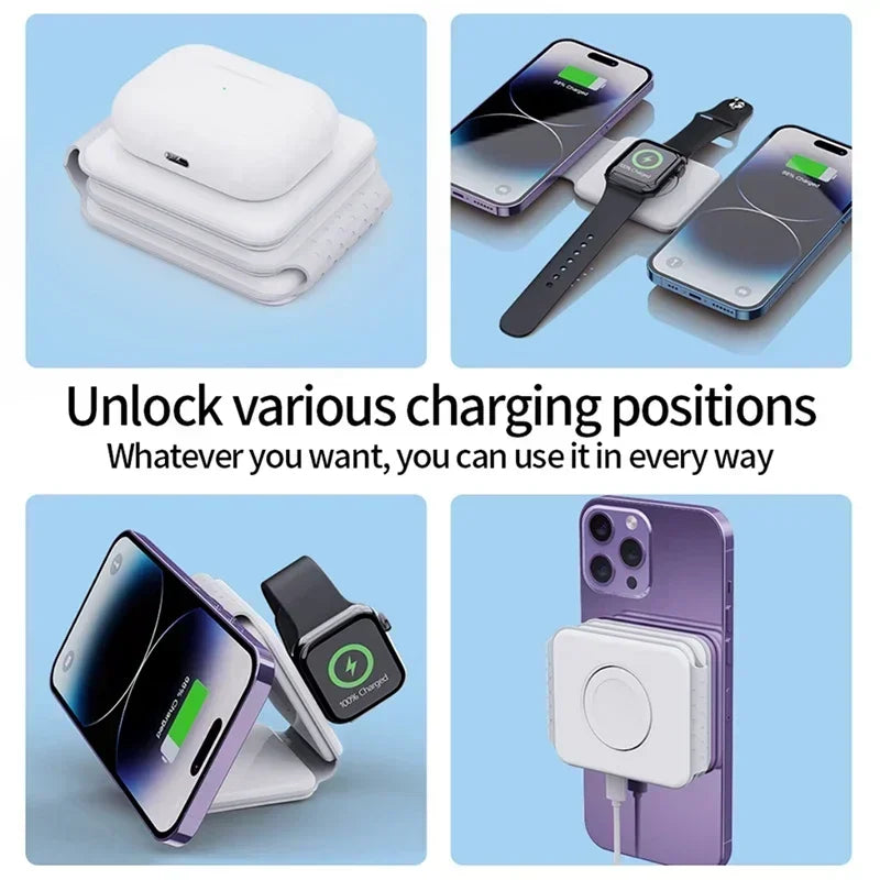 Cargador Inalámbrico Plegable 3 en 1 de Carga Rápida para Escritorio, Compatible con iPhone 17 16 15 14 13 Pro Max, iWatch 10 9 8 7 6, AirPods Pro 2