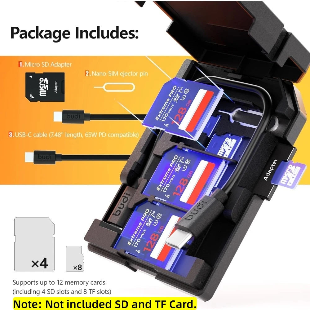 Estuche de Almacenamiento para Tarjetas de Memoria BUDI SD TF con Lector de 12 Ranuras, USB Tipo-C, Transmisión de Datos de Alta Velocidad para Fotografía Digital