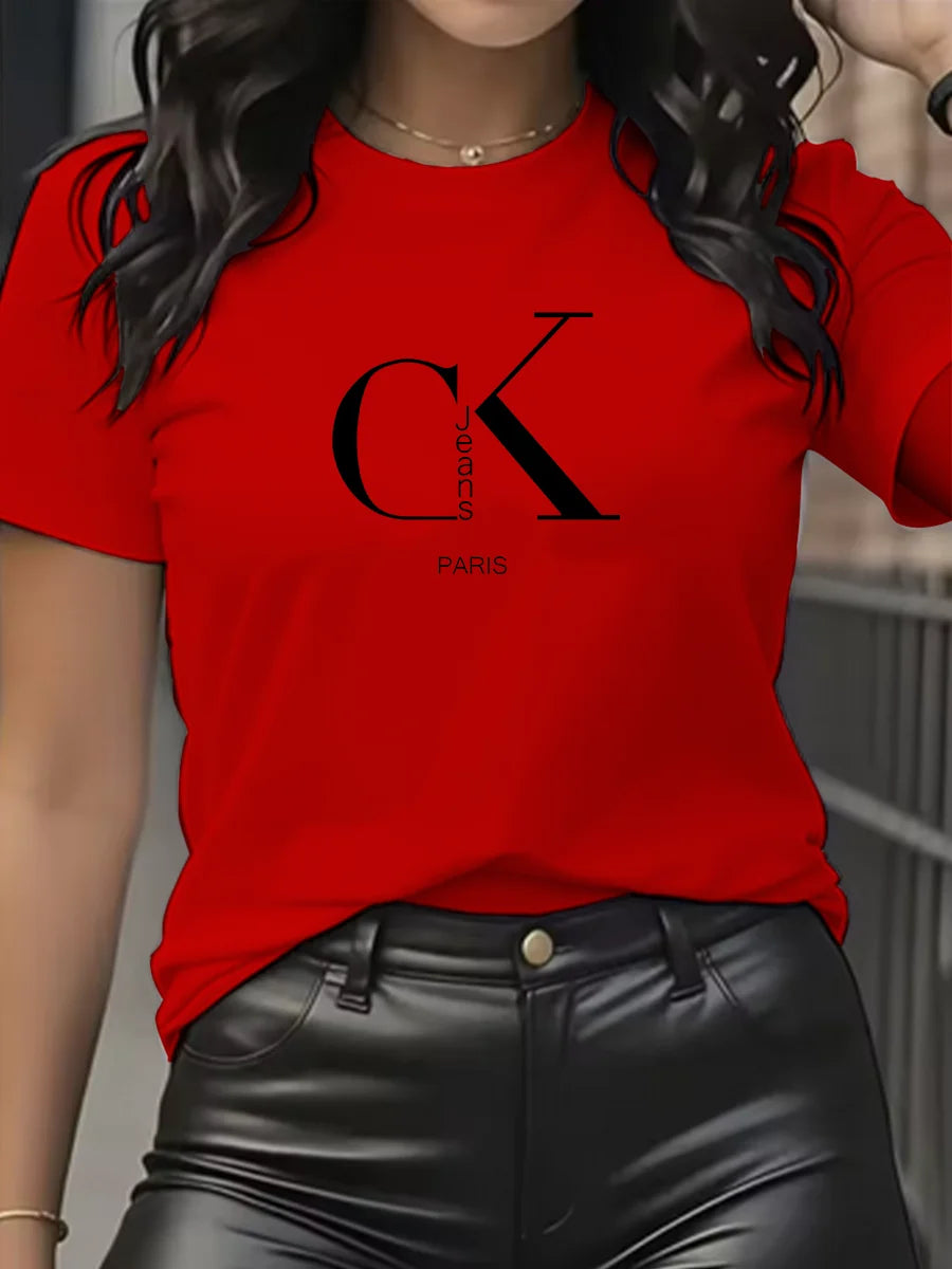 Camiseta con Estampado de Dibujos Animados y Letras Cuello Redondo