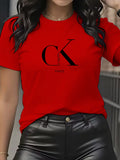 Camiseta con Estampado de Dibujos Animados y Letras Cuello Redondo