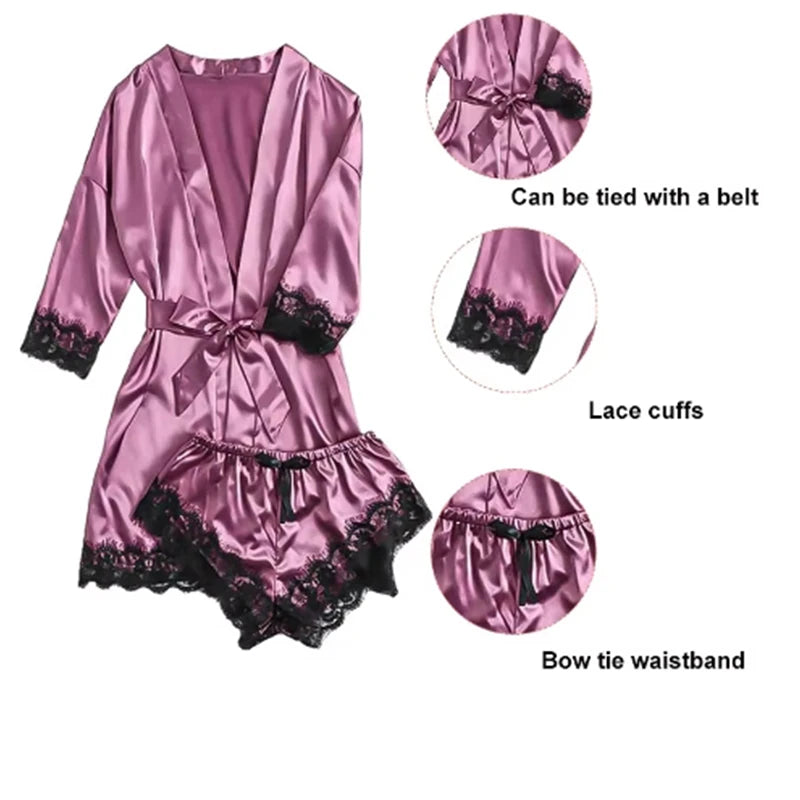 Conjunto de pantalones de pijama sexys de verano para mujer, 4 piezas de satén de encaje con bata de dormir de seda, ropa de dormir cómoda y a la moda