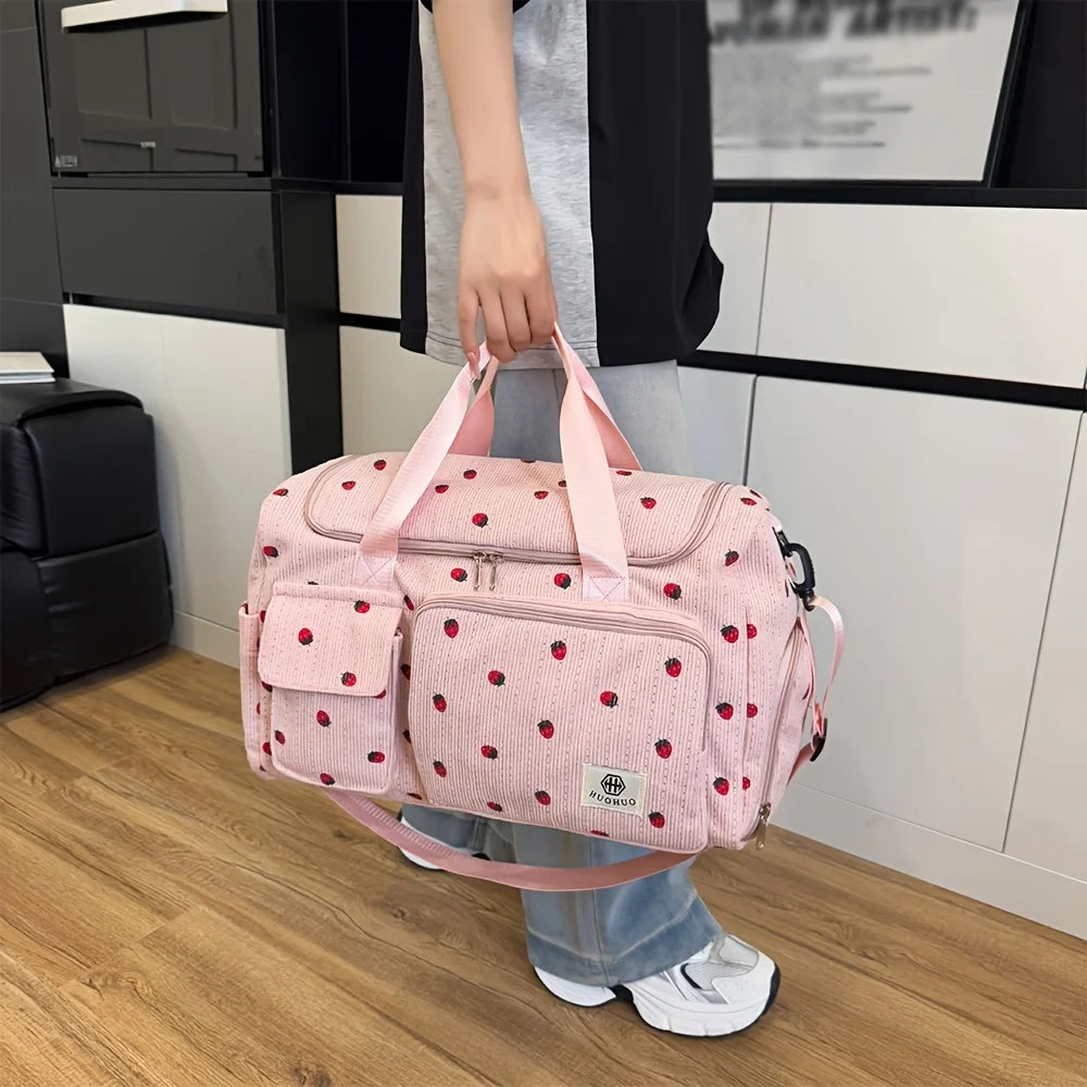 Bolsa de Viaje de Pana con Diseño de Fresa de Gran Capacidad