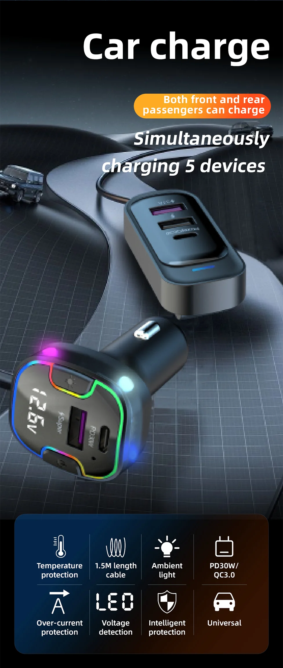 Cargador de Auto PD30W 5 Puertos con USB-C y Extensión para Asientos Traseros