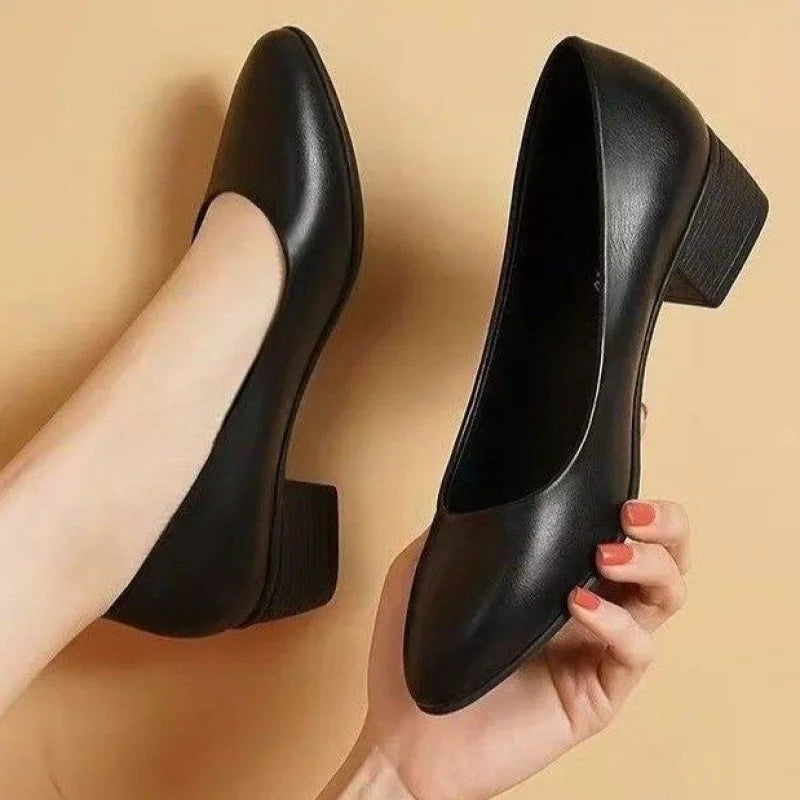 Zapatos de tacón bajo para mujer, zapatos formales de cuero genuino negro, sin cordones, cómodos, de tacón medio, novedad de 2025