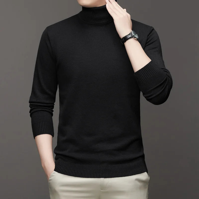 2025 nuevos suéteres de punto para hombre, jerseys transpirables de cuello alto de Color sólido, ropa de calle básica cálida para exteriores, Tops de negocios de otoño