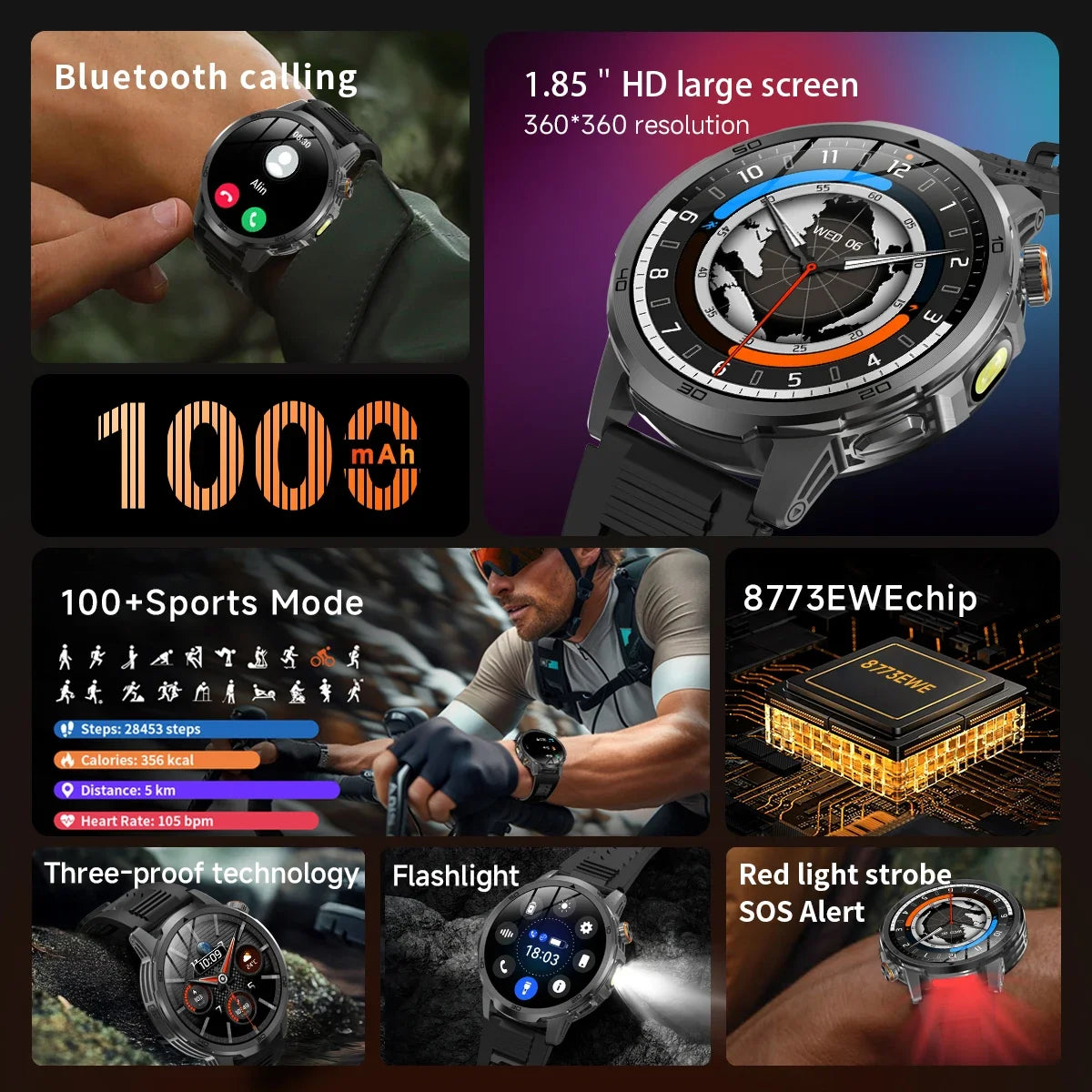 2026 militar t-rex 3 reloj inteligente reloj de Fitness hombres 466*466 pantalla AMOLED 1000mAh batería linterna llamada impermeable Smartwatchs