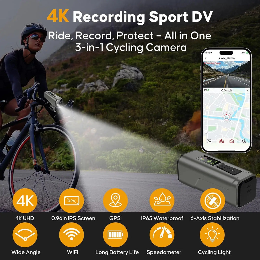 Cámara GPS 4K para bicicleta con faro, ordenador de ciclismo y velocímetro, acción deportiva DV, 64GB, Control por aplicación, resistente al agua IP65