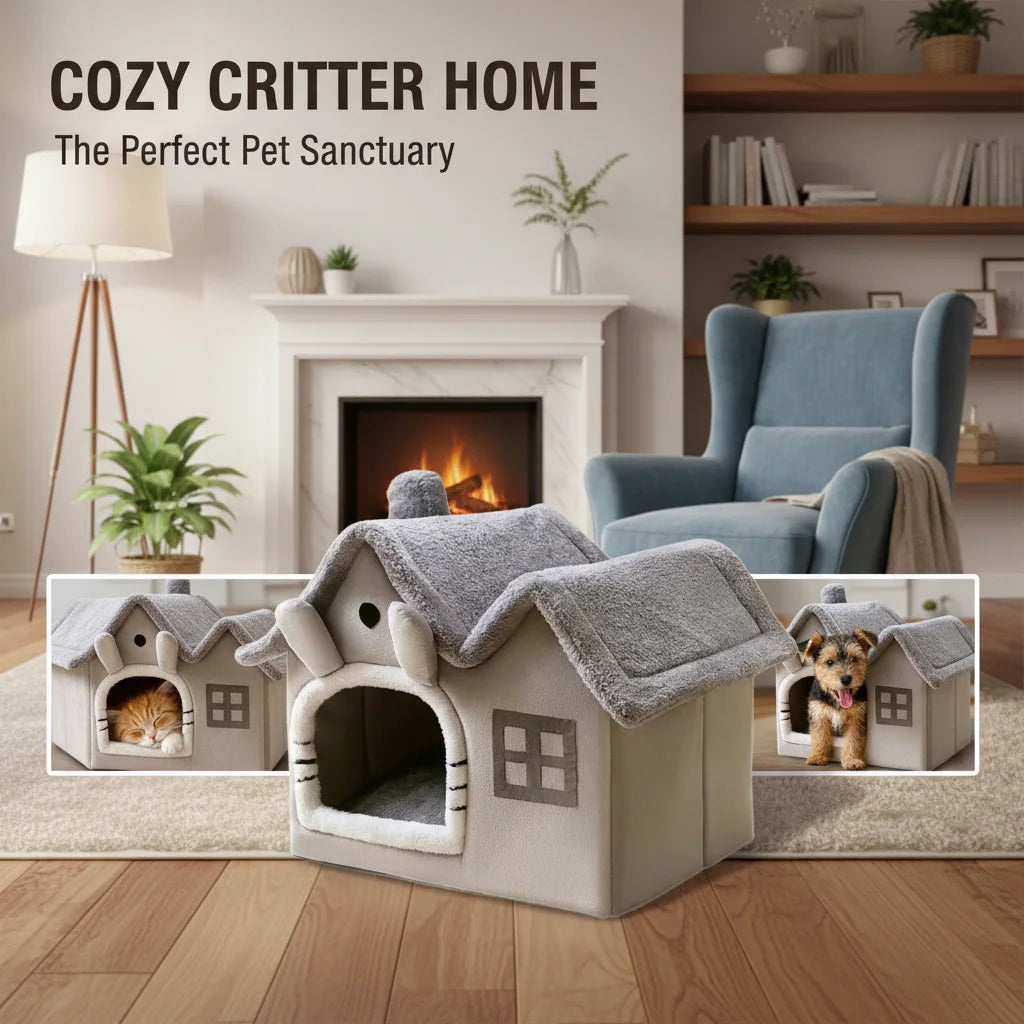 Casa Plegable para Mascotas con Doble Techo y Alfombra Cálida
